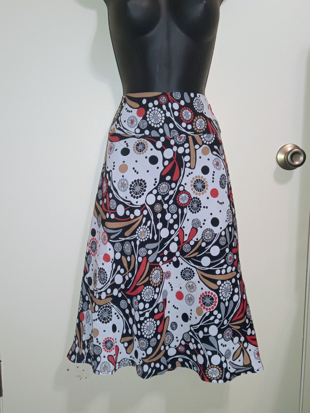 Courtenay White Multi A-Line Skirt with Black, Red & Tan Motif